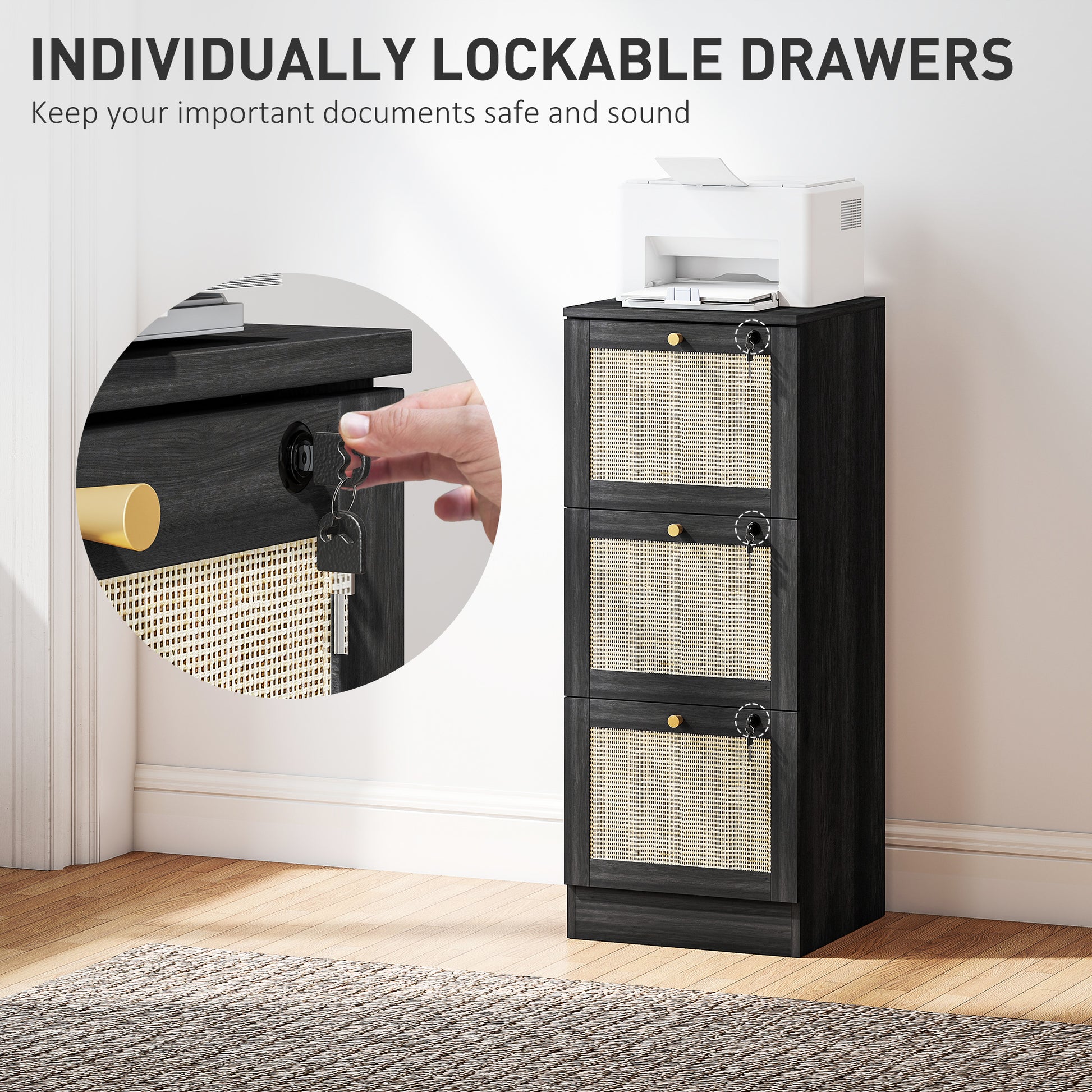 3 Drawer Filing Cabinet with Lock, Boho File Cabinet for A4 Letter Size Files with Decorative Rattan Accents, Black
