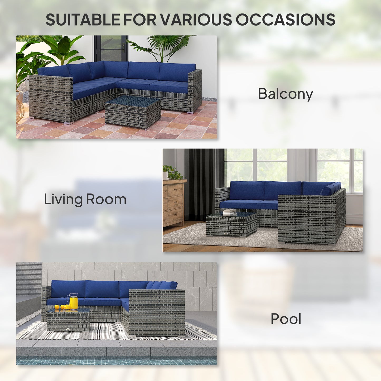 4-Piece Outdoor Rattan Wicker Conversation Furniture Set, Includes Corner Sofa, Loveseat, Coffee Table and Cushions, Modern Patio Sectional for Backyard, Navy Blue
