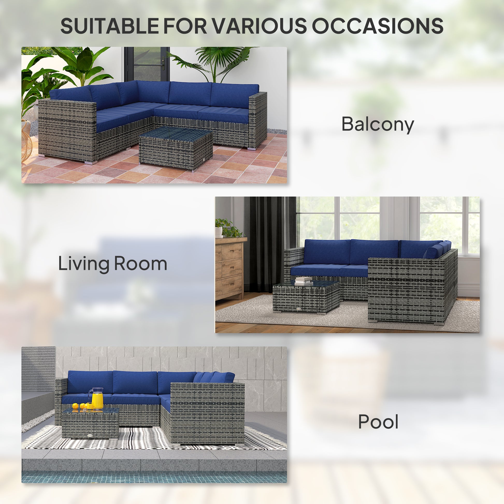 4-Piece Outdoor Rattan Wicker Conversation Furniture Set, Includes Corner Sofa, Loveseat, Coffee Table and Cushions, Modern Patio Sectional for Backyard, Navy Blue