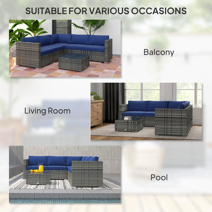 4-Piece Outdoor Rattan Wicker Conversation Furniture Set, Includes Corner Sofa, Loveseat, Coffee Table and Cushions, Modern Patio Sectional for Backyard, Navy Blue