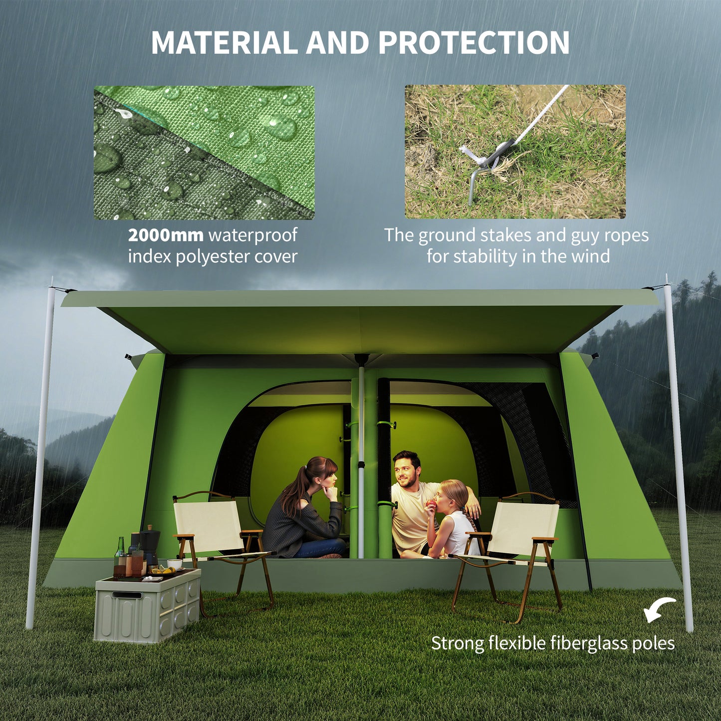 Tunnel Tent Camping Shelter w/ Porch, Two Rooms, Lamp Hook, Portable Carry Bag, Green