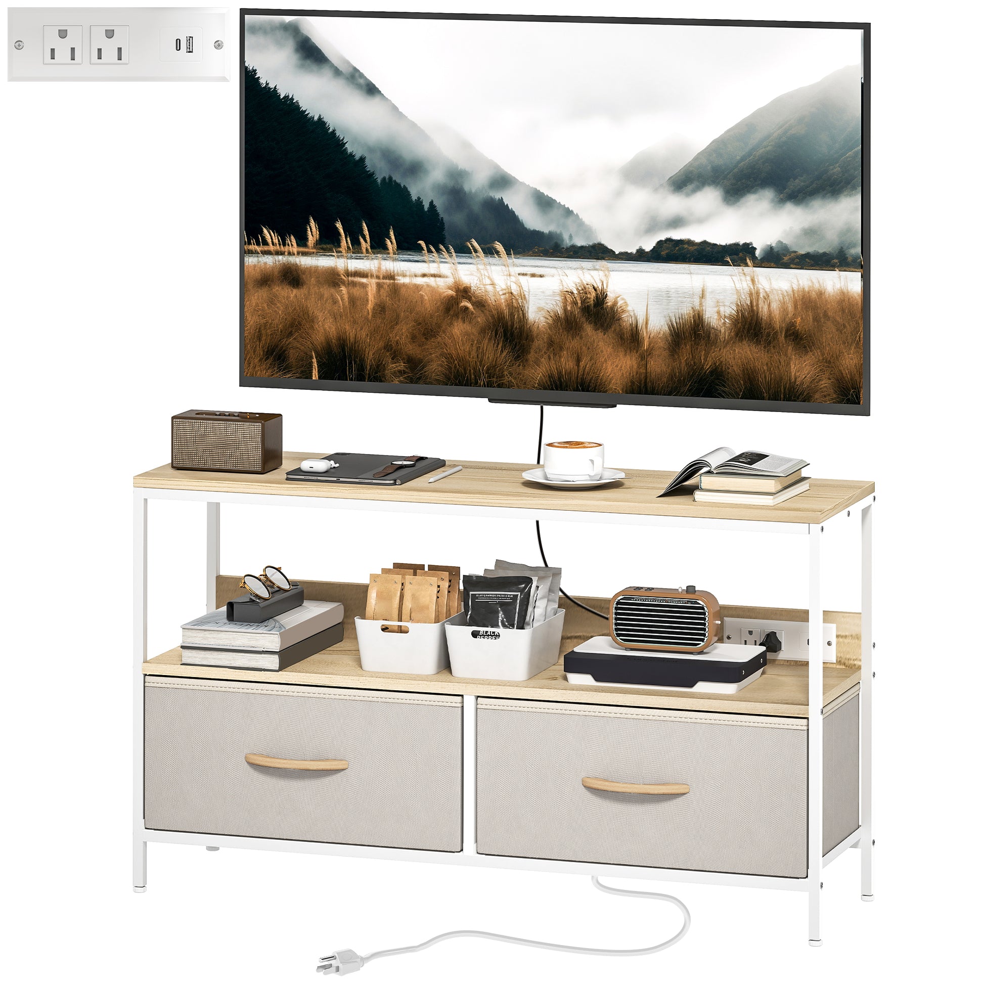 TV Stand with Charging Station, TV Table with 2 Foldable Linen Drawers and Open Shelf for 47 Inch TV, Oak