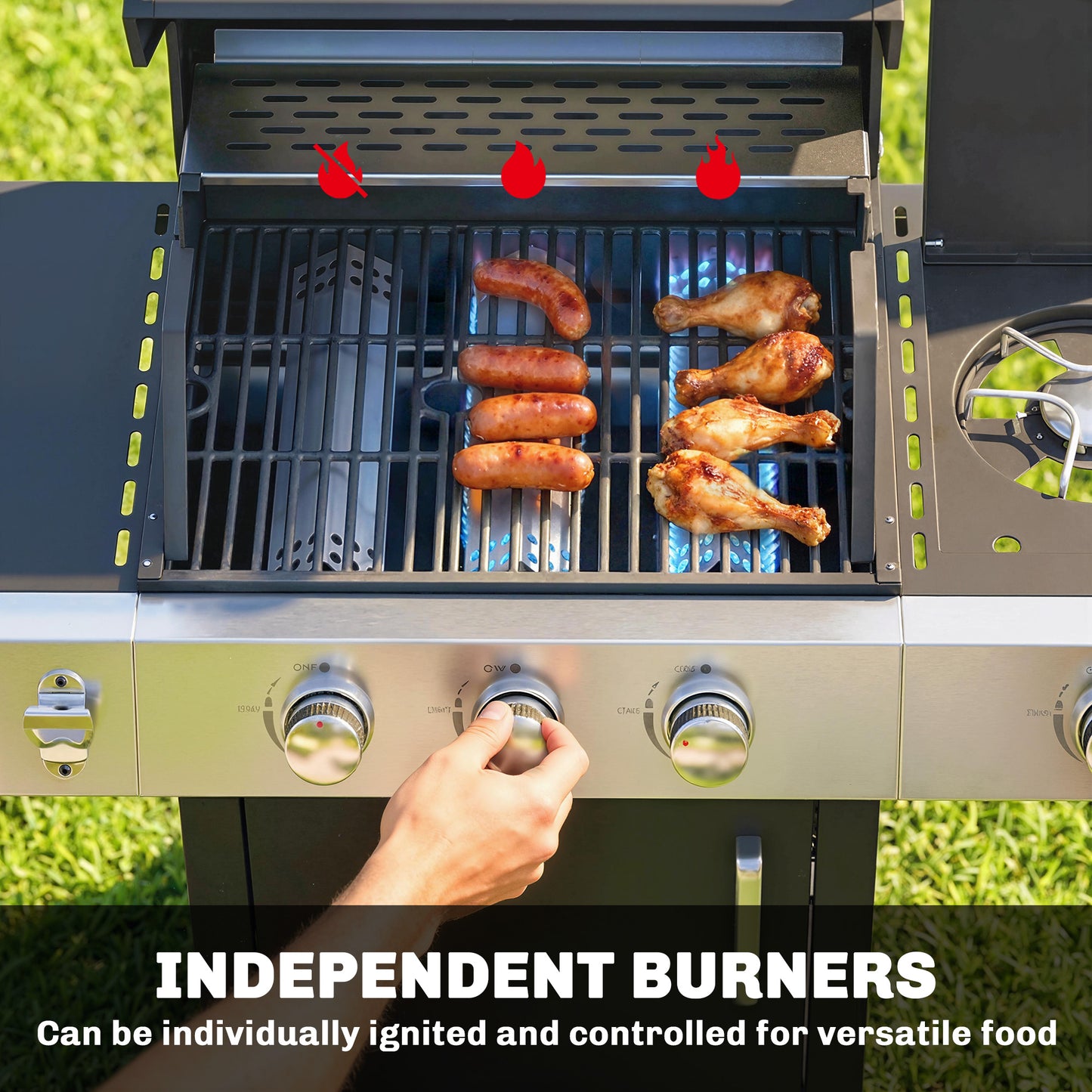 3 Burner Propane Gas Grill with Side Burner, 36,000 BTU BBQ Grill with Cast Iron Grates, Wheels, Warming Rack, Cabinet