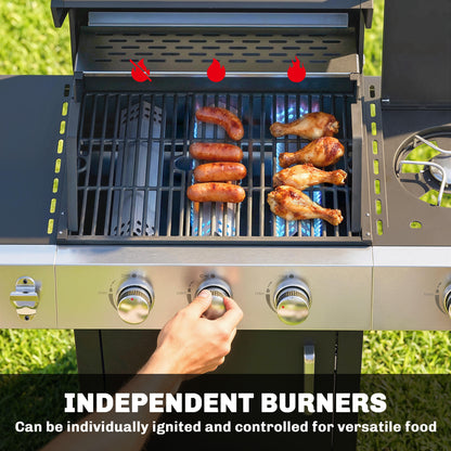 3 Burner Propane Gas Grill with Side Burner, 36,000 BTU BBQ Grill with Cast Iron Grates, Wheels, Warming Rack, Cabinet