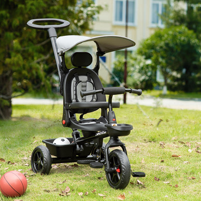 Qaba Tricycle for Toddler 4 in 1 Kids Trike, Converts Stroller to Toddler Bike, Adjustable Backrest & Flat Canopy, Detachable Guardrail & Handle for 1-5 Years Old, Grey