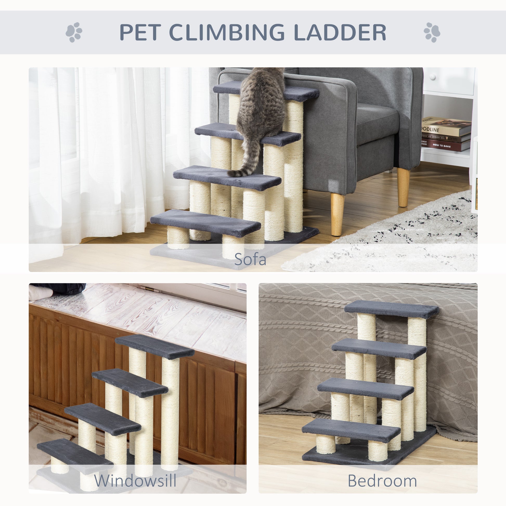 Cat Trees 4 Tier Pet Stairs Dog Cat 4 Steps Kitty Scatching Post Cat Scratch Furniture Dark Grey