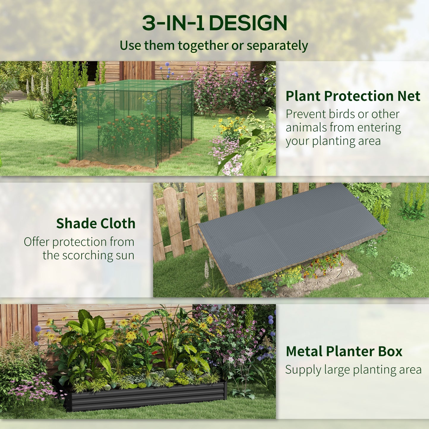 Galvanized Steel Planter Box with Crop Cage and Shade Cloth, Raised Garden Bed for Flowers, Vegs and Herbs