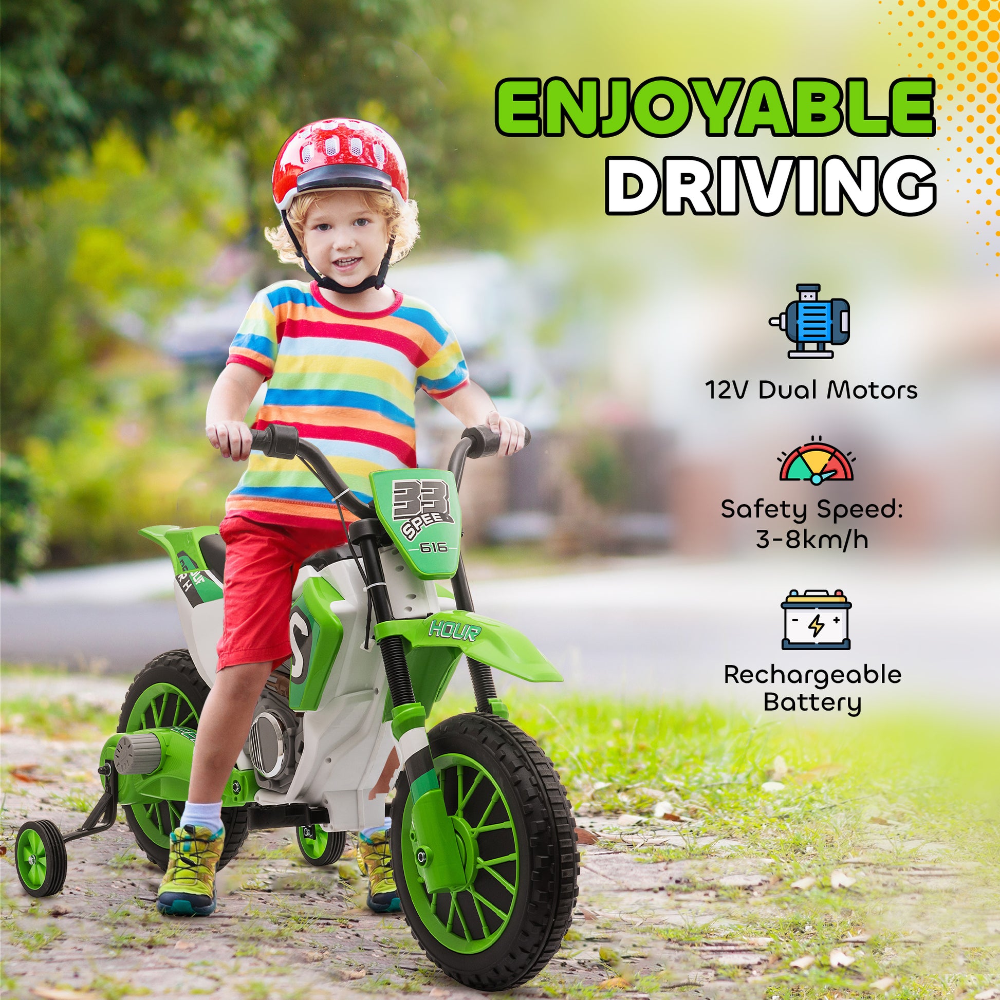 Aosom Kids Dirt Bike Battery-Powered Ride-On Electric Motorcycle with Charging 12V Battery, Training Wheels Green