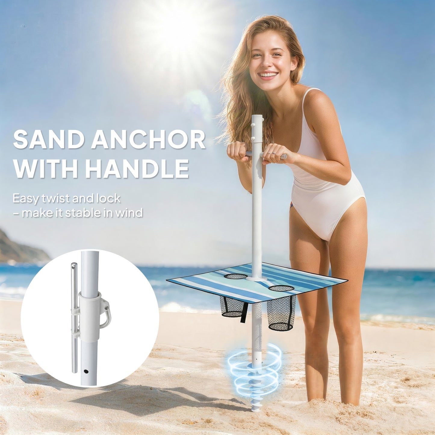 6 ft Portable Beach Umbrella with Foldable Table, Tilting Outdoor Sun Shade with Sand Anchor, Sandbag, Dark Blue