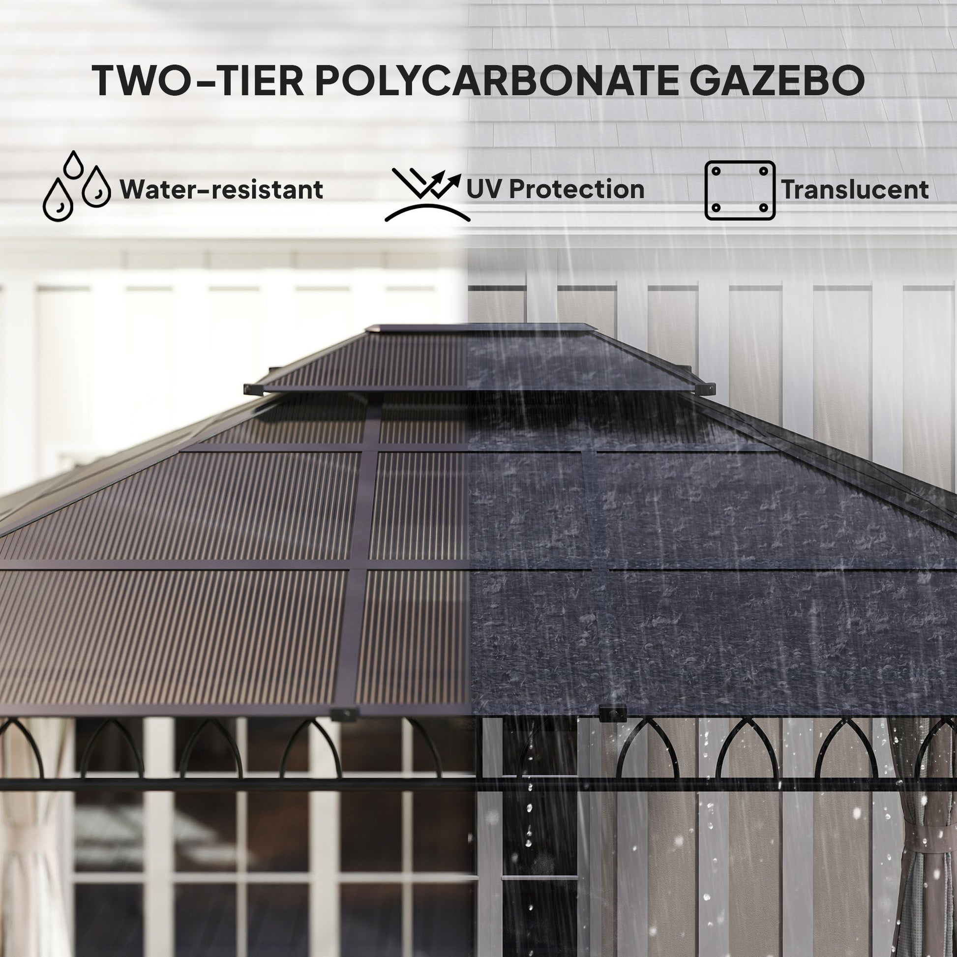 10' x 12' Outdoor Gazebo Canopy, Double Roof Hardtop Gazebo with Polycarbonate Roof, Steel Frame, Nettings and Curtains
