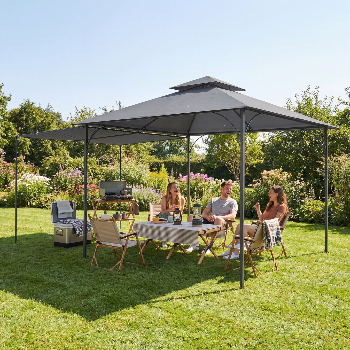 Patio Gazebo with Double Roof Outdoor Gazebo Canopy with Extendable Shade 126" x126" Dark Grey