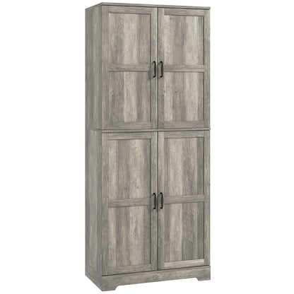 Farmhouse Kitchen Pantry Cabinet, Kitchen Cabinet with Barn Doors, Adjustable Shelves and Door Racks, Distressed Grey