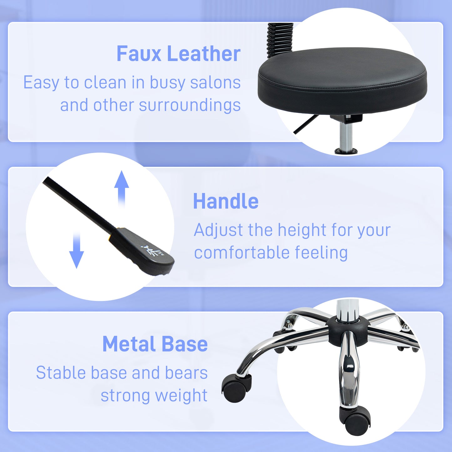 Adjustable Rolling Stool with Removable Backrest, Faux Leather Swivel Stool Chair for Salon Spa, Bar, Massage, Black
