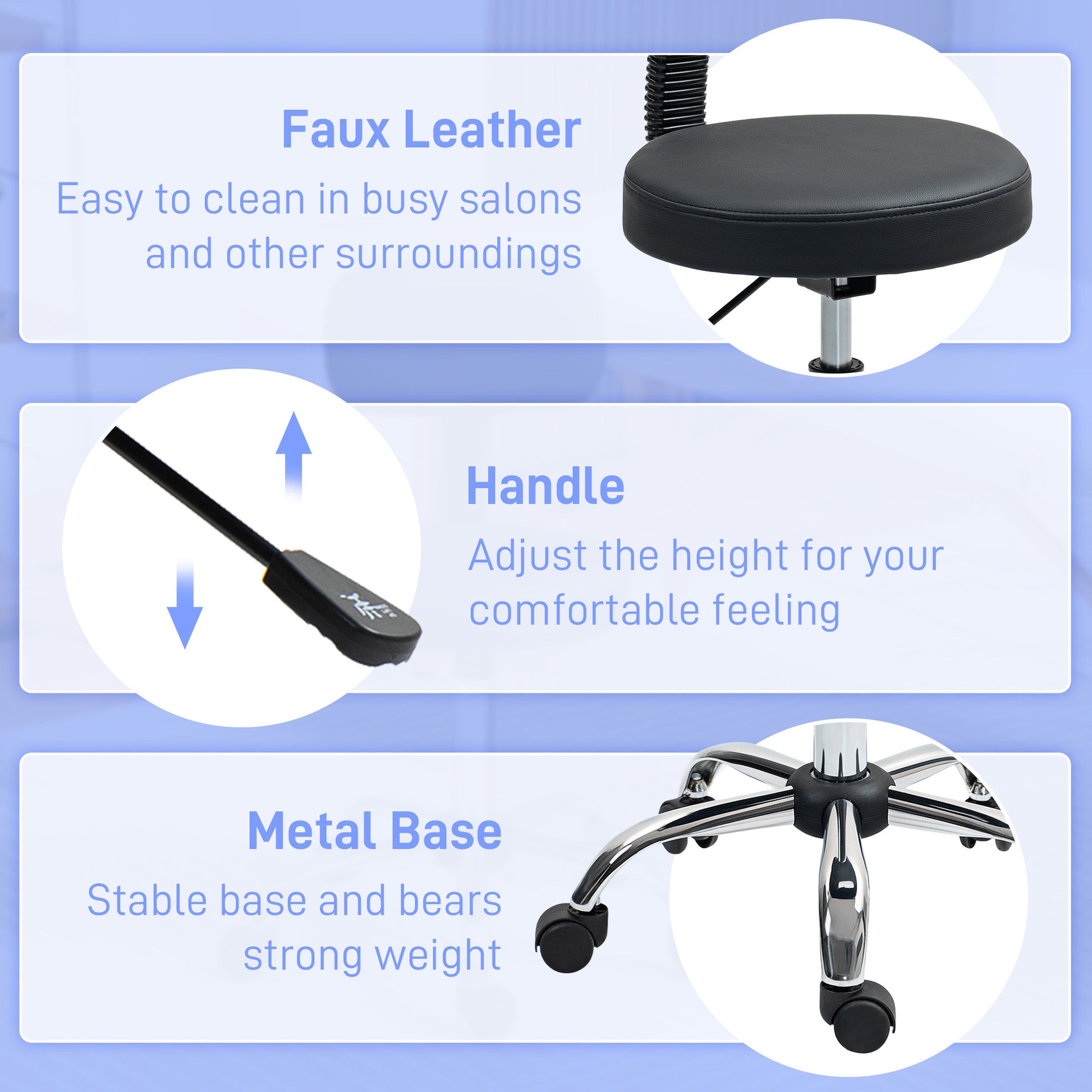 Adjustable Rolling Stool with Removable Backrest, Faux Leather Swivel Stool Chair for Salon Spa, Bar, Massage, Black