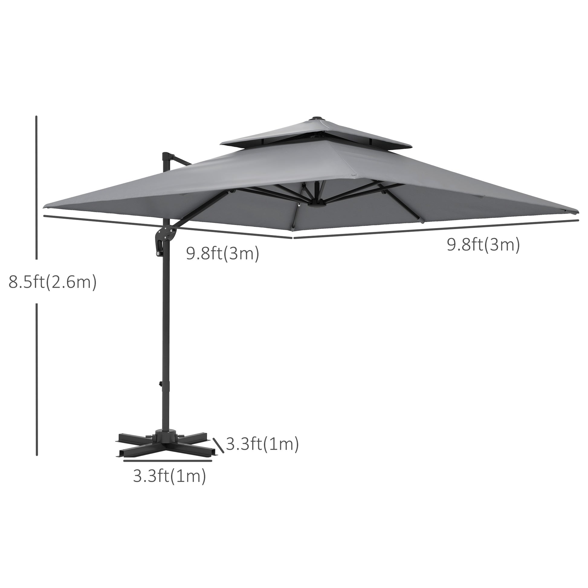 10' x 10' Cantilever Patio Umbrella, Double Top Square Offset Umbrella with 360° Rotation, Light Grey