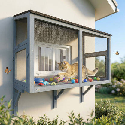 Catio Outdoor Cat Enclosure Expandable Wooden Cat House with 2 Doors for Window, 39.4"L