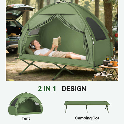 Compact Pop Up Portable Folding Outdoor Elevated Camping Cot Tent Combo Set Dark Green