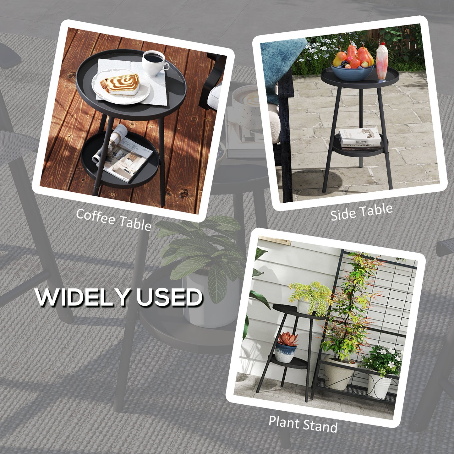 Round Garden Table, 2-Tier Small Side Table, Metal Patio Table Coffee Table Dining Table, Black