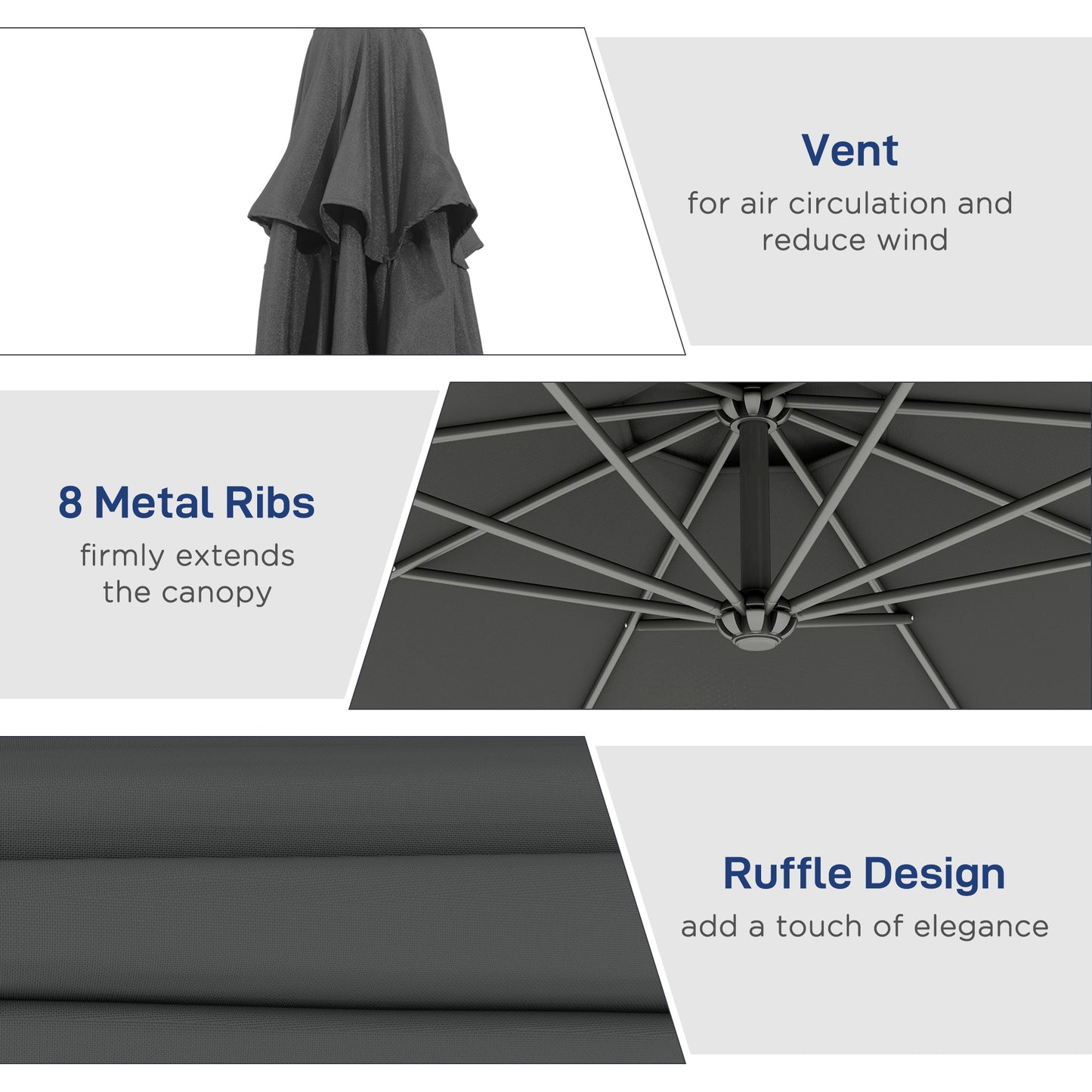10' Deluxe Patio Umbrella, Outdoor Market Parasol, Banana Hanging Offset Sunshade with Crank, Cross Base, Grey