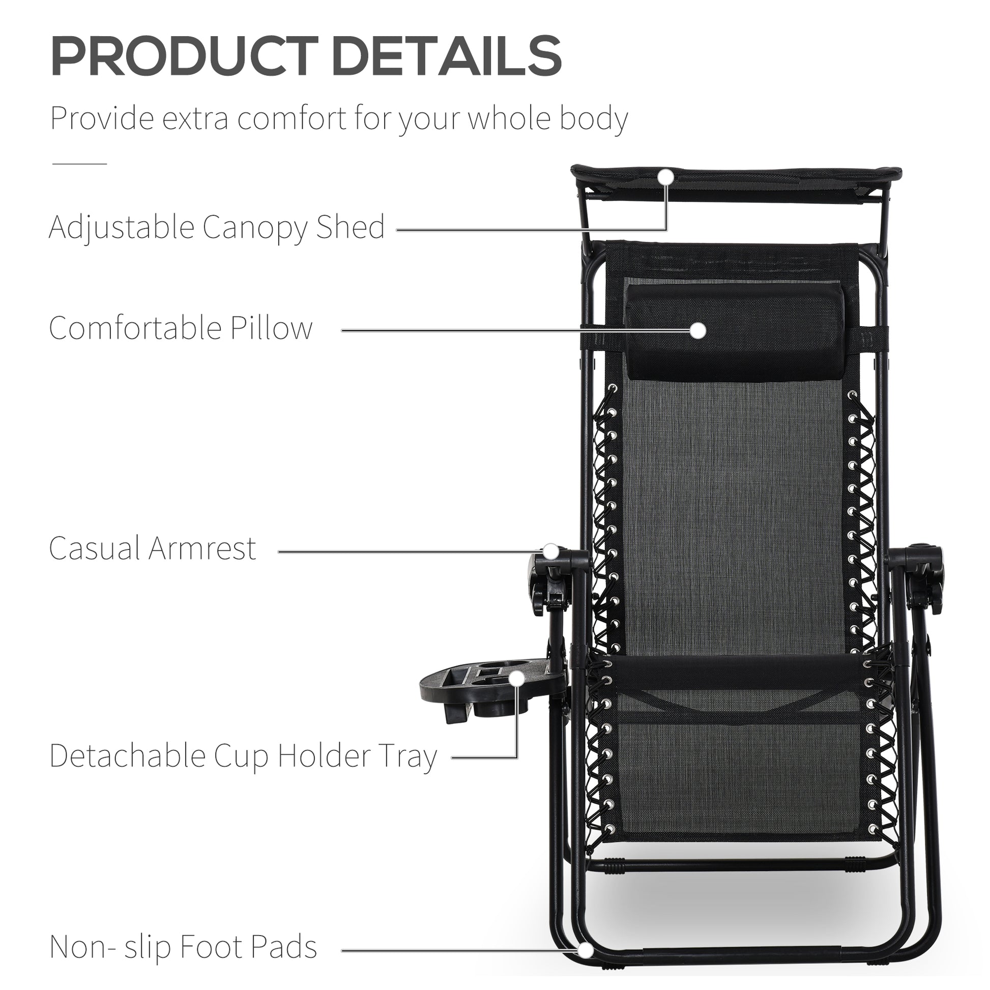 Outdoor Zero Gravity Reclining Lounger Chair with Canopy Shade, Side Tray, Cupholder, Black