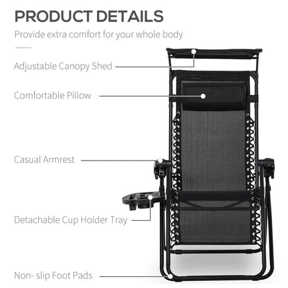 Outdoor Zero Gravity Reclining Lounger Chair with Canopy Shade, Side Tray, Cupholder, Black
