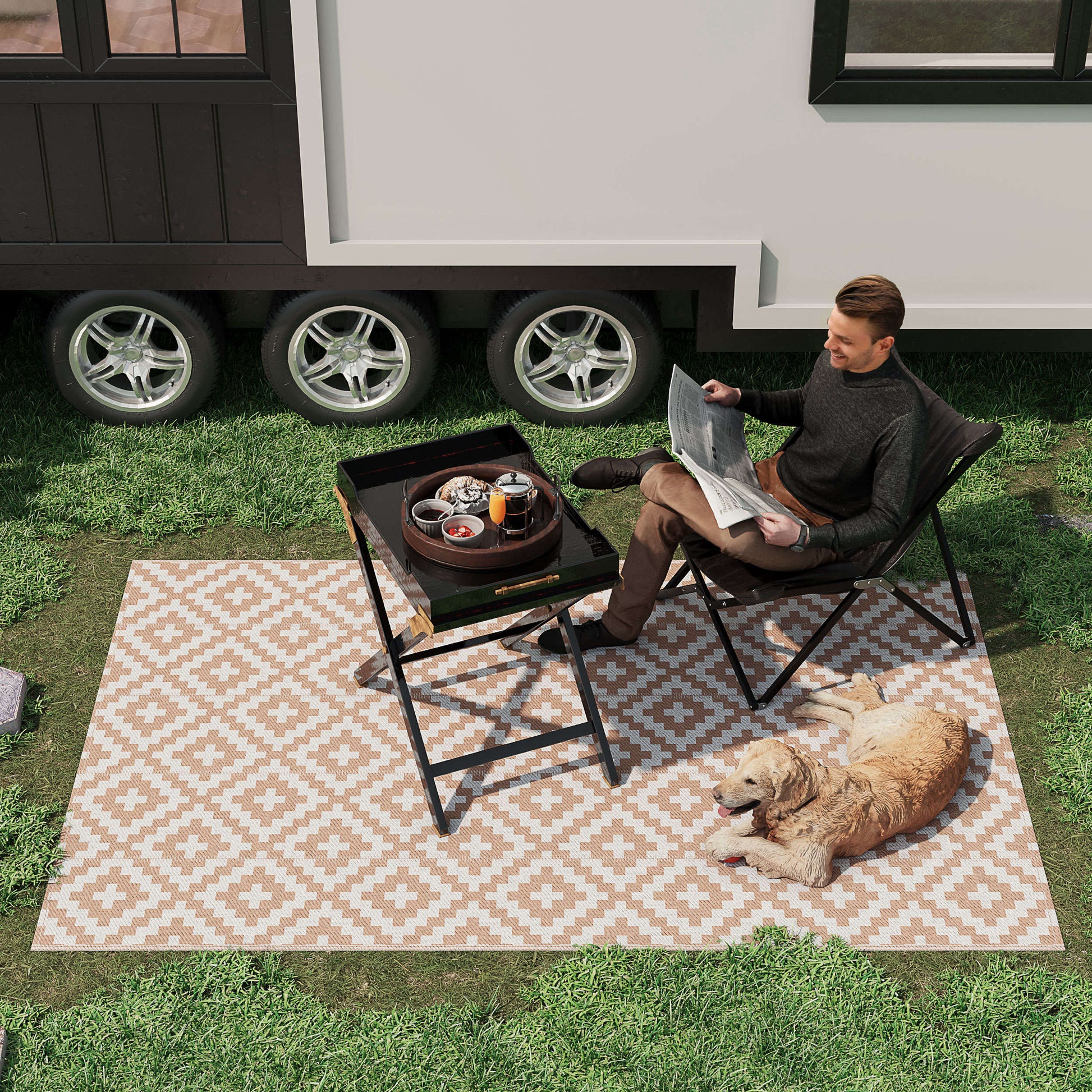 Reversible Outdoor RV Rug, Patio Floor Mat, 6' x 9' Plastic Straw Rug for Backyard, Deck, Beach, Camping, Coffee & White