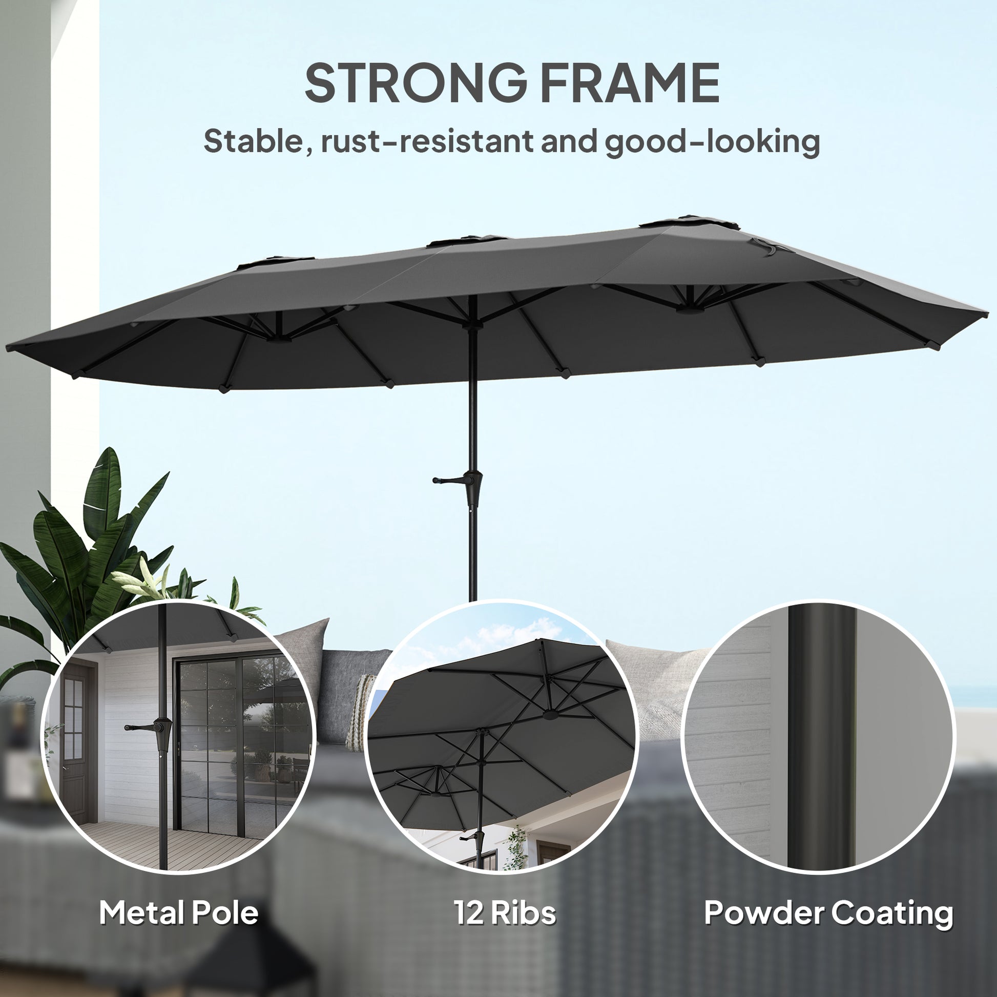 13ft Double-Sided Patio Umbrella with Crank Handle, for Poolside, Deck, Garden, Dark Grey