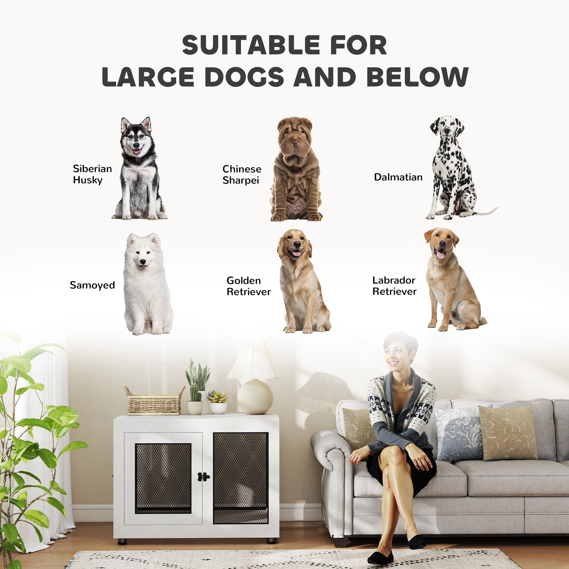 Pet Crate End Table with Water-resistant Cushion or Large Medium Dogs, White