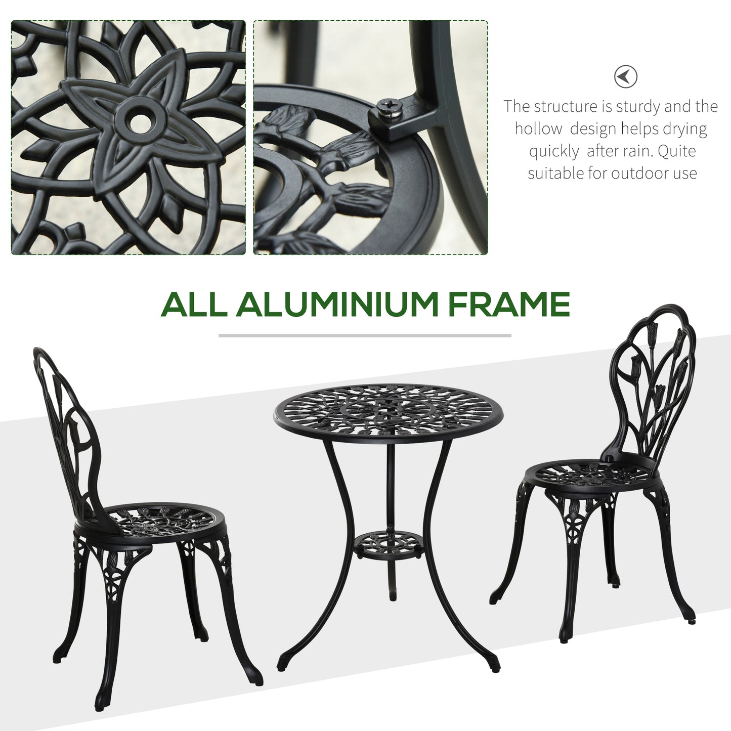 3PCs Patio Bistro Set, Outdoor Cast Aluminum Garden Table and Chairs with Umbrella Hole for Balcony, Black