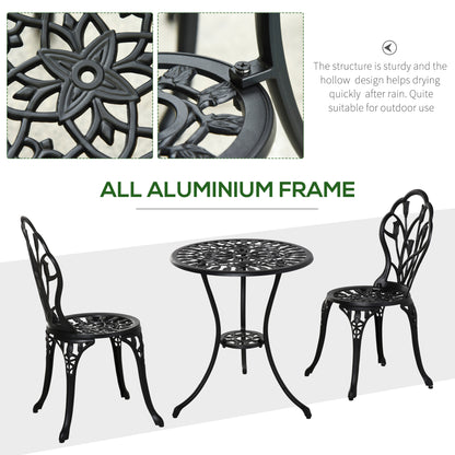 3PCs Patio Bistro Set, Outdoor Cast Aluminum Garden Table and Chairs with Umbrella Hole for Balcony, Black