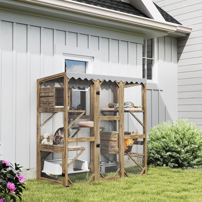 Wooden Catio Outdoor with Window Access, Waterproof Cover, Relaxing Condo, 5 Platforms, Doors, 59" x 28" x 59", Brown