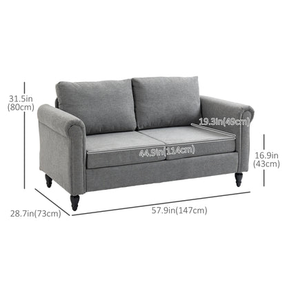 Vintage Loveseat, Upholstered Love Seat Furniture, Chenille-feel Fabric 2 Seater Sofa Couch with Rolled Arms, Gourd-Shaped Rubber Wood Legs for Living Room, Light Grey