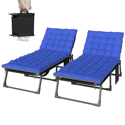 29.5" Wide Folding Chaise Lounge Chair Outdoor Tanning Chair Set of 2, Camping Cot with Cushion, Side Pocket, Grey/Blue