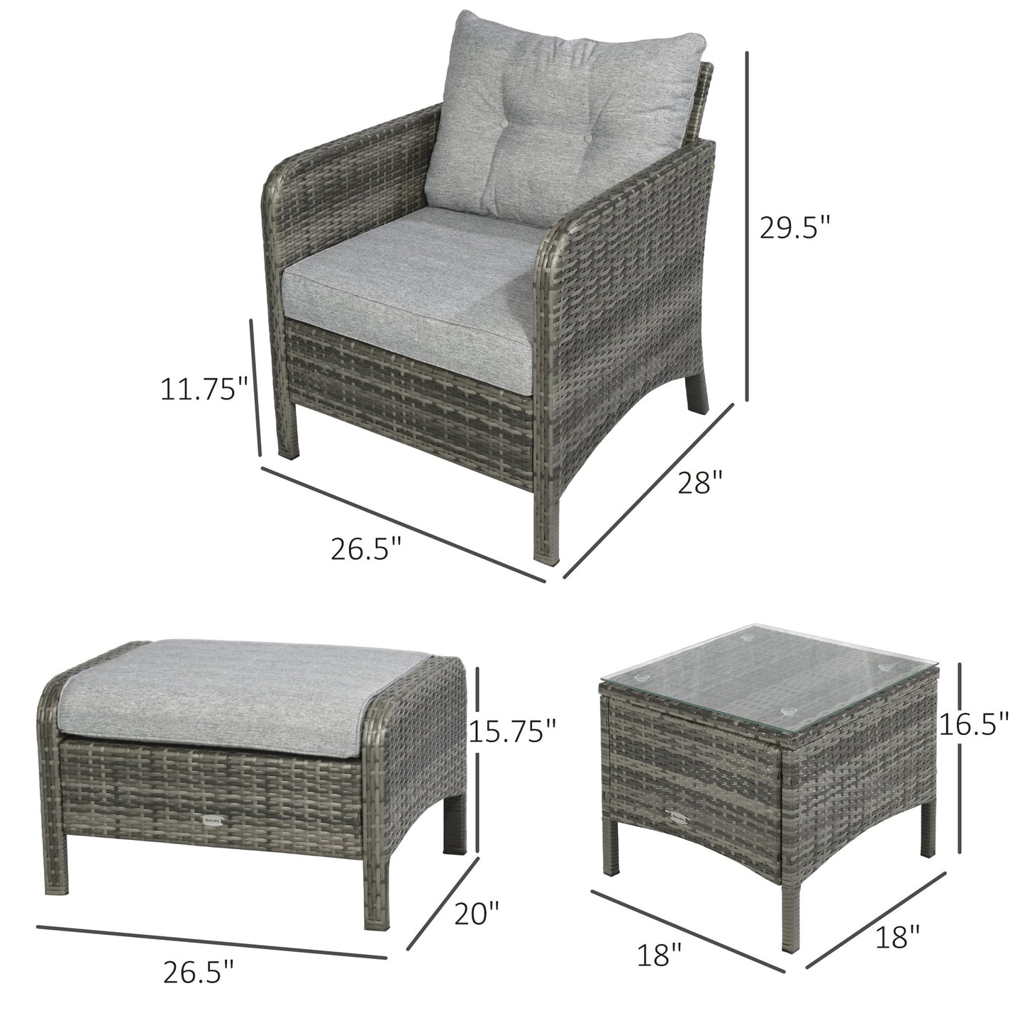 5 Pieces Wicker Patio Furniture Sofa Set Thick Padded Cushions, Outdoor PE Rattan Conversation Coffee Set with Armchairs, Footstools and Glass Top Table, Light Grey
