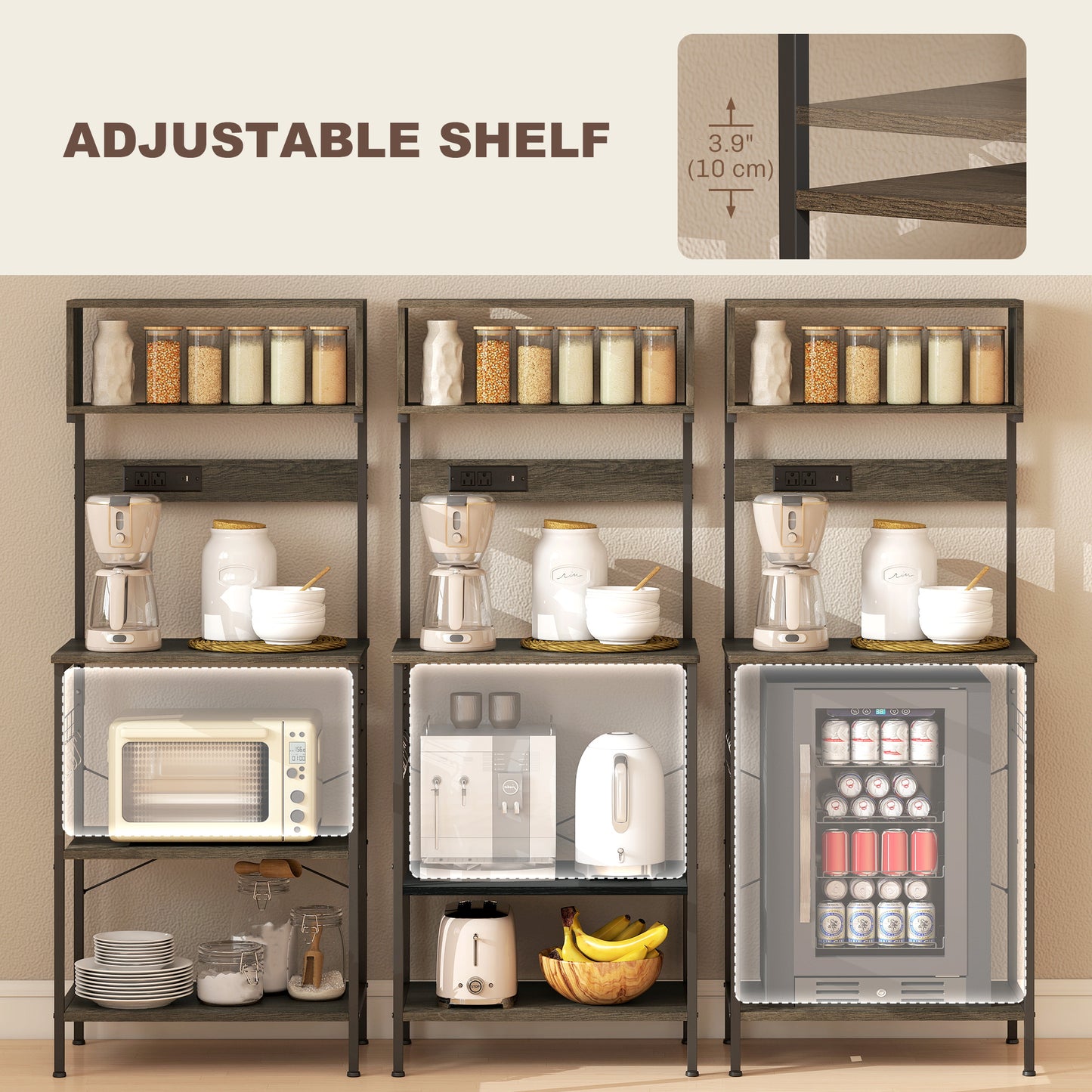 Baker's Rack with Charing Station, Microwave Shelf with Power Outlet, USB Charger and 5 Hooks, Distressed Grey