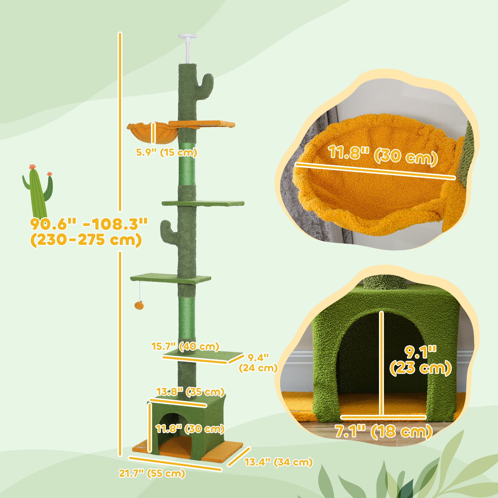 Floor to Ceiling Cat TreeTower with 90.5"-108" Adjustable Height, Scratching Posts, Hammock, Comdo, Toy Ball, Green