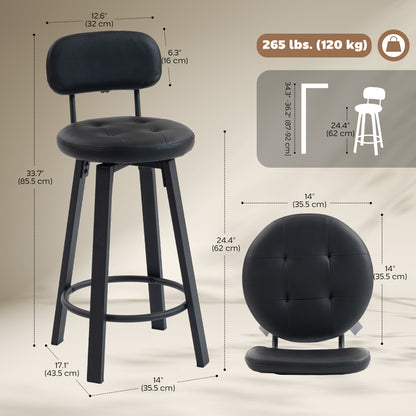 Bar Stools Set of 2, Upholstered Breakfast Bar Chairs with Footrest and Backrest for Kitchen Counter, Black