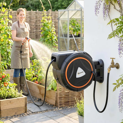 Retractable Garden Hose Reel, 1/2"x75.5ft Wall Mounted Hose Reel with 12-Pattern Nozzles, Auto Retraction, Self-Locking