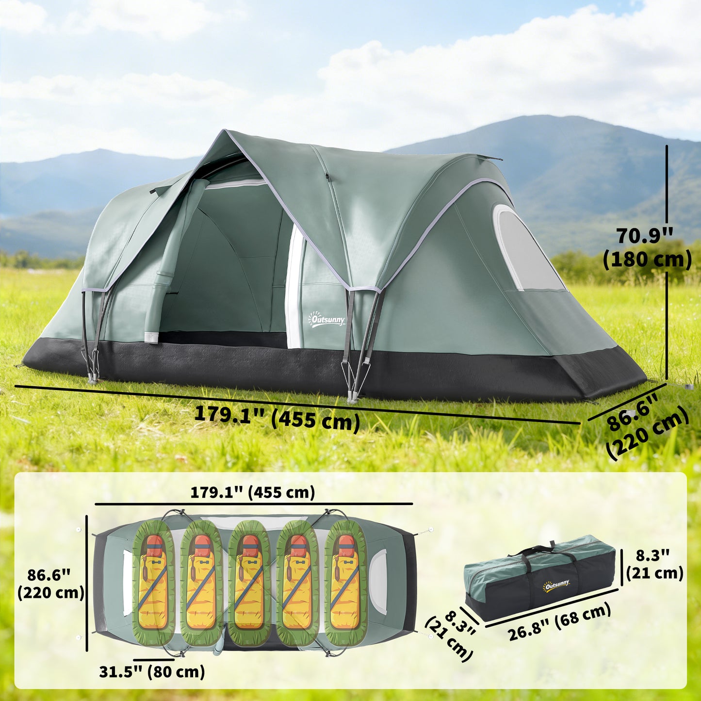 5-6 Person Family Tent, Outdoor Camping Tent with Lighting Hook, Carrying Bag for Camping, Hiking and Travelling, Green