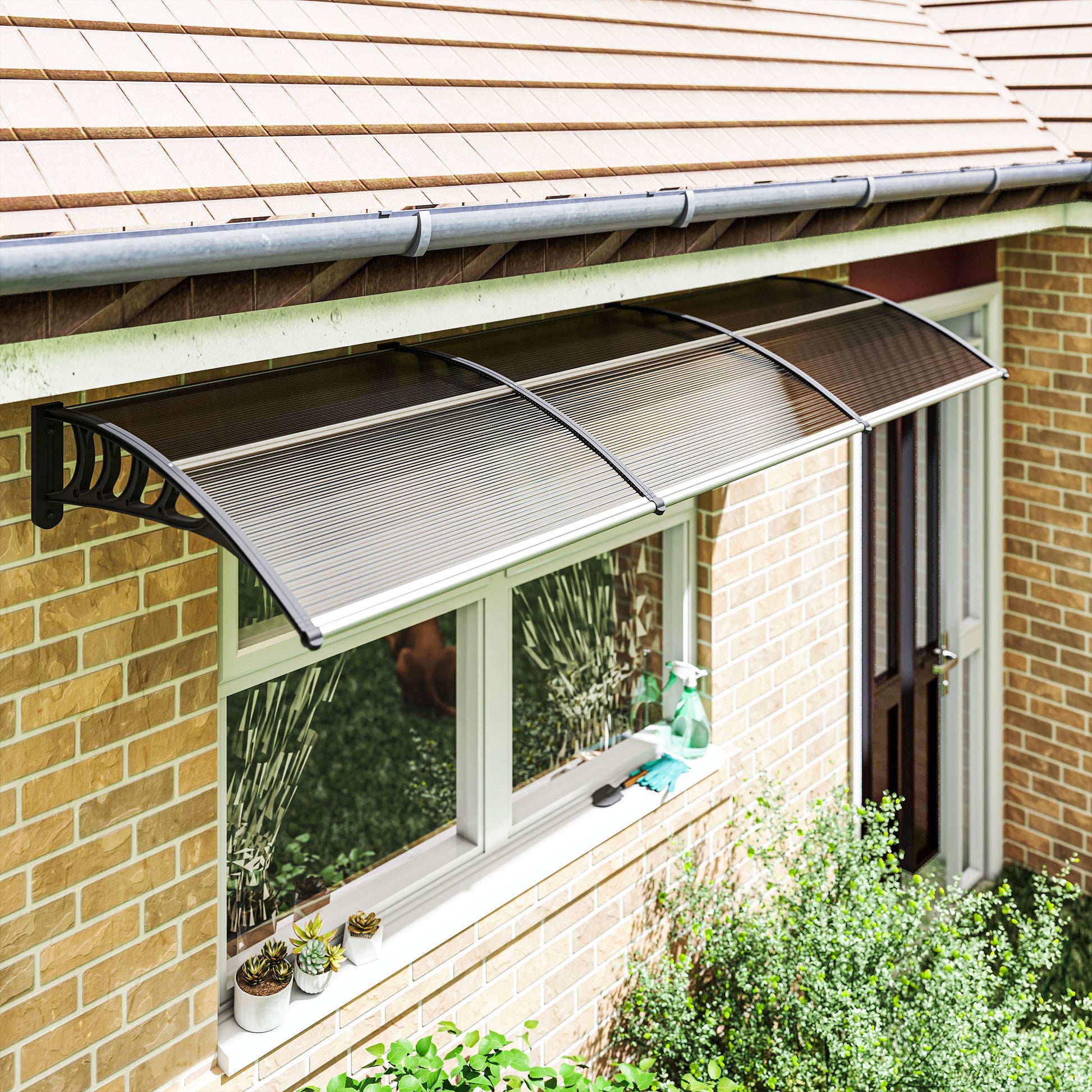 Awning Door Canopy, 119.3" x 37.8" Polycarbonate Front Door Outdoor Patio Cover for UV Protection, Brown