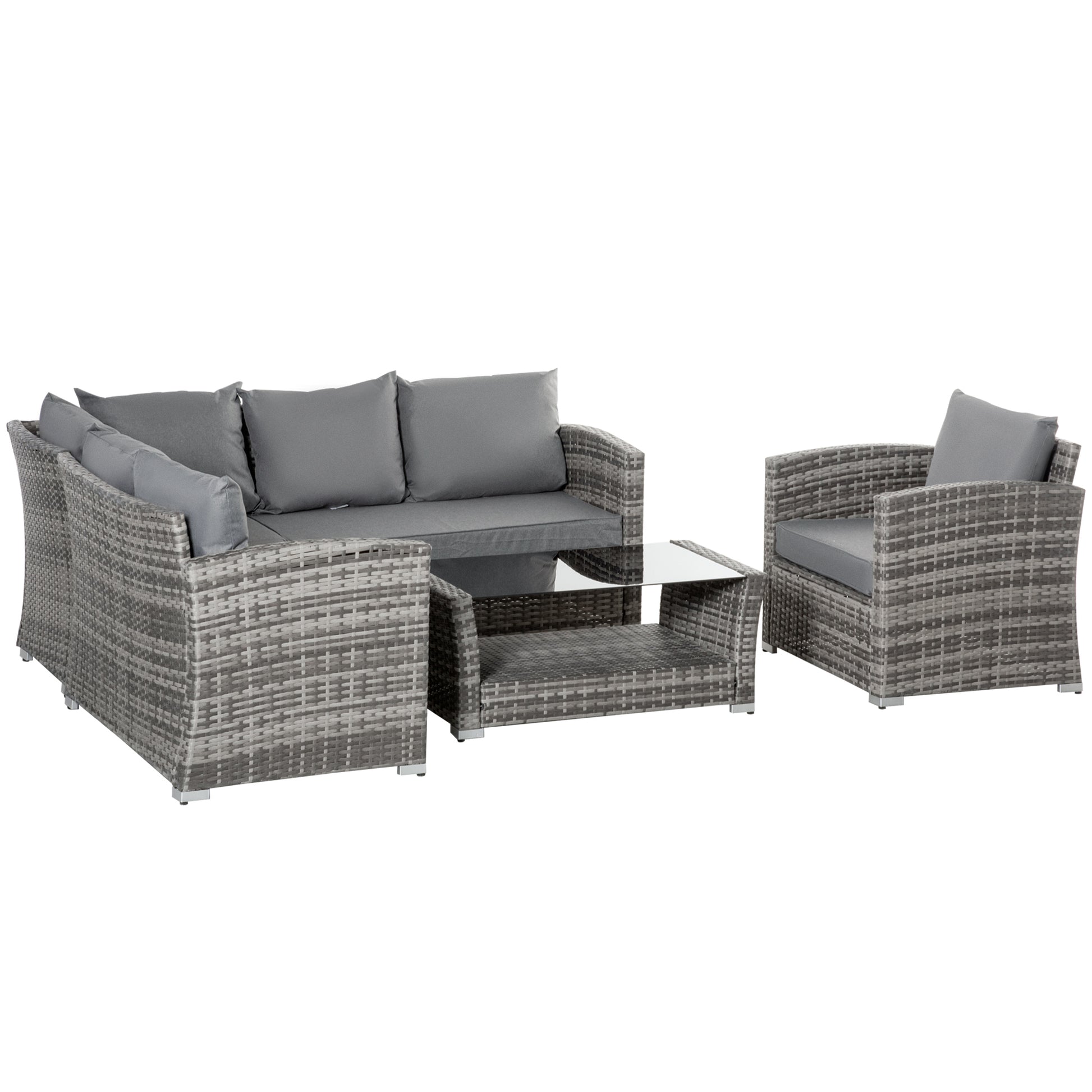 5 Pieces Wicker Patio Furniture Set with 4" Thick Cushions, Outdoor PE Rattan Garden Conversation Sectional Sofa Set with Glass Top Two-tier Coffee Table, Grey
