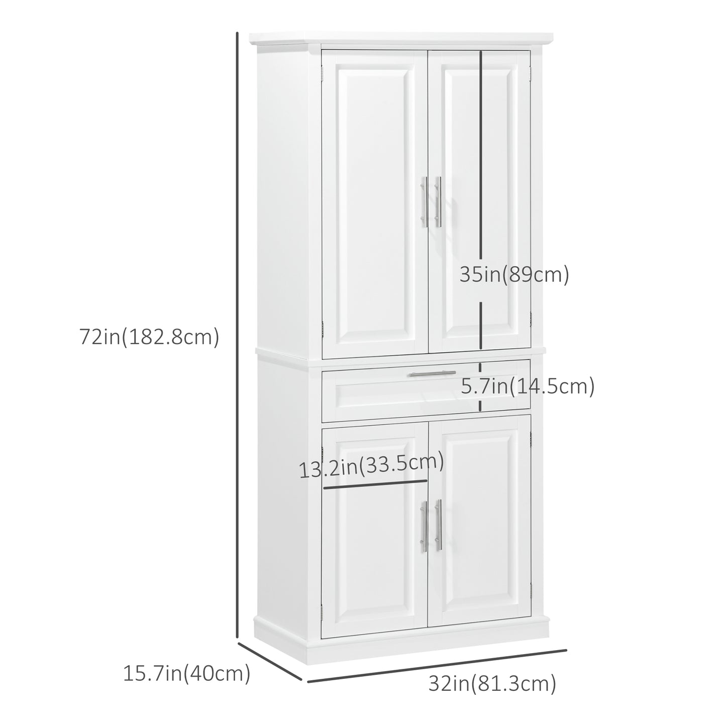 72" Kitchen Pantry Cabinet, Freestanding Storage Cabinet, 4-Door Cabinet with Drawer and Adjustable Shelves, White