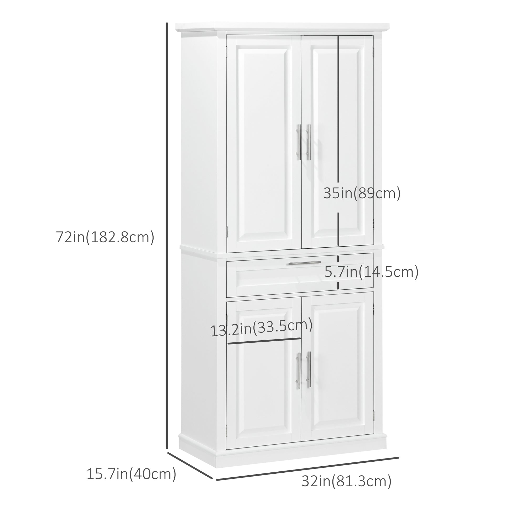 72" Kitchen Pantry Cabinet, Freestanding Storage Cabinet, 4-Door Cabinet with Drawer and Adjustable Shelves, White