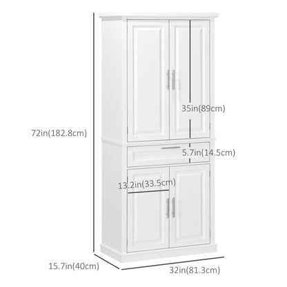 72" Kitchen Pantry Cabinet, Freestanding Storage Cabinet, 4-Door Cabinet with Drawer and Adjustable Shelves, White