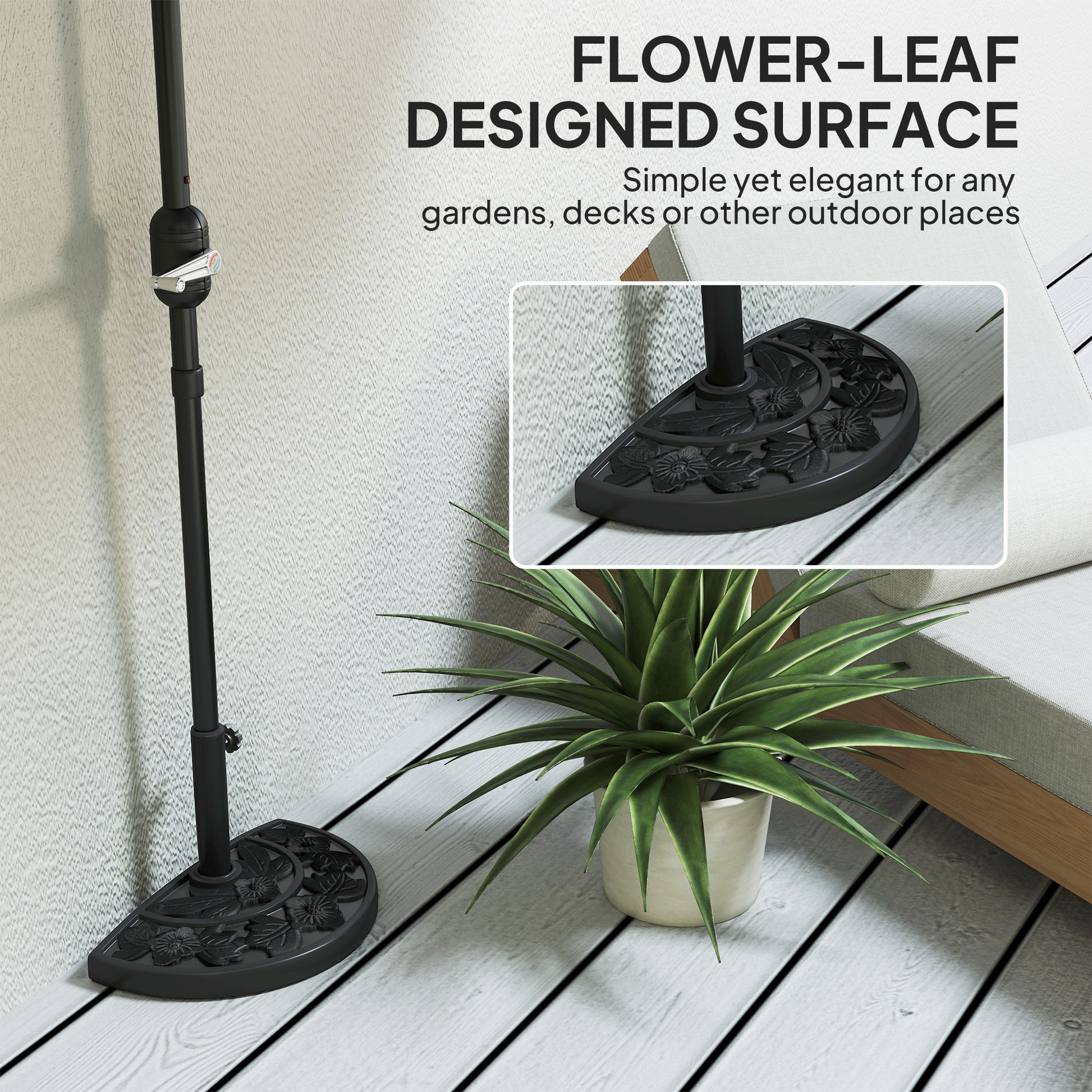 21 lbs Resin Half Umbrella Base, Concrete Half Umbrella Stand Outdoor Umbrella Base with Flower-Leaf Design, Patio Umbrella Stand for Outdoor Lawn Poolside, Black