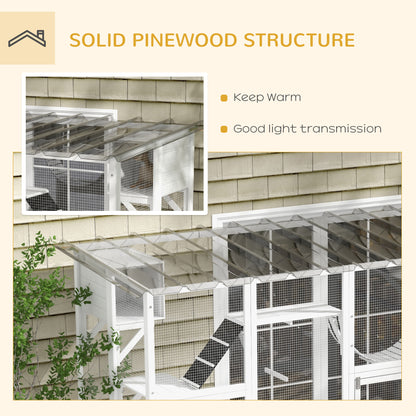 Large Outdoor Catio with Condos, Platforms, Doors, Ladders, Weather-Resistant Roof, White