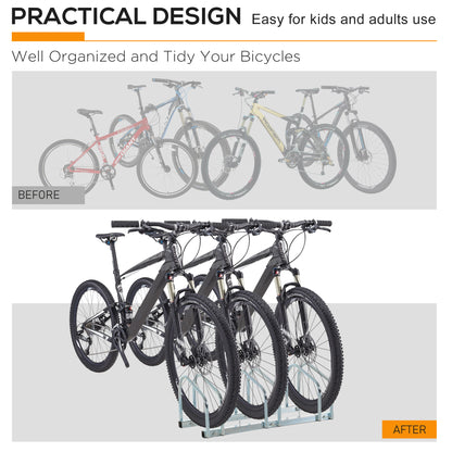 3-Bike Bicycle Floor Parking Rack Cycling Storage Stand Ground Mount Garage Organizer for Indoor and Outdoor Use Silver