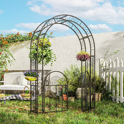 7.4ft Steel Garden Arch with Gate, Garden Arbor Trellis for Climbing Plants, Roses, Vines, Wedding Arch for Outdoor, Garden, Lawn, Backyard, Black
