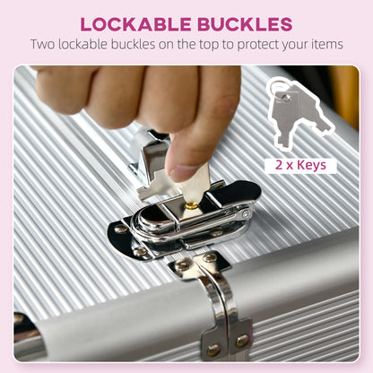 Aluminum Rolling Makeup Case, Portable Professional Cosmetic Makeup Case, Lockable Traveling Cart Trunk with Folding Trays, Swivel Wheels and Keys, Silver