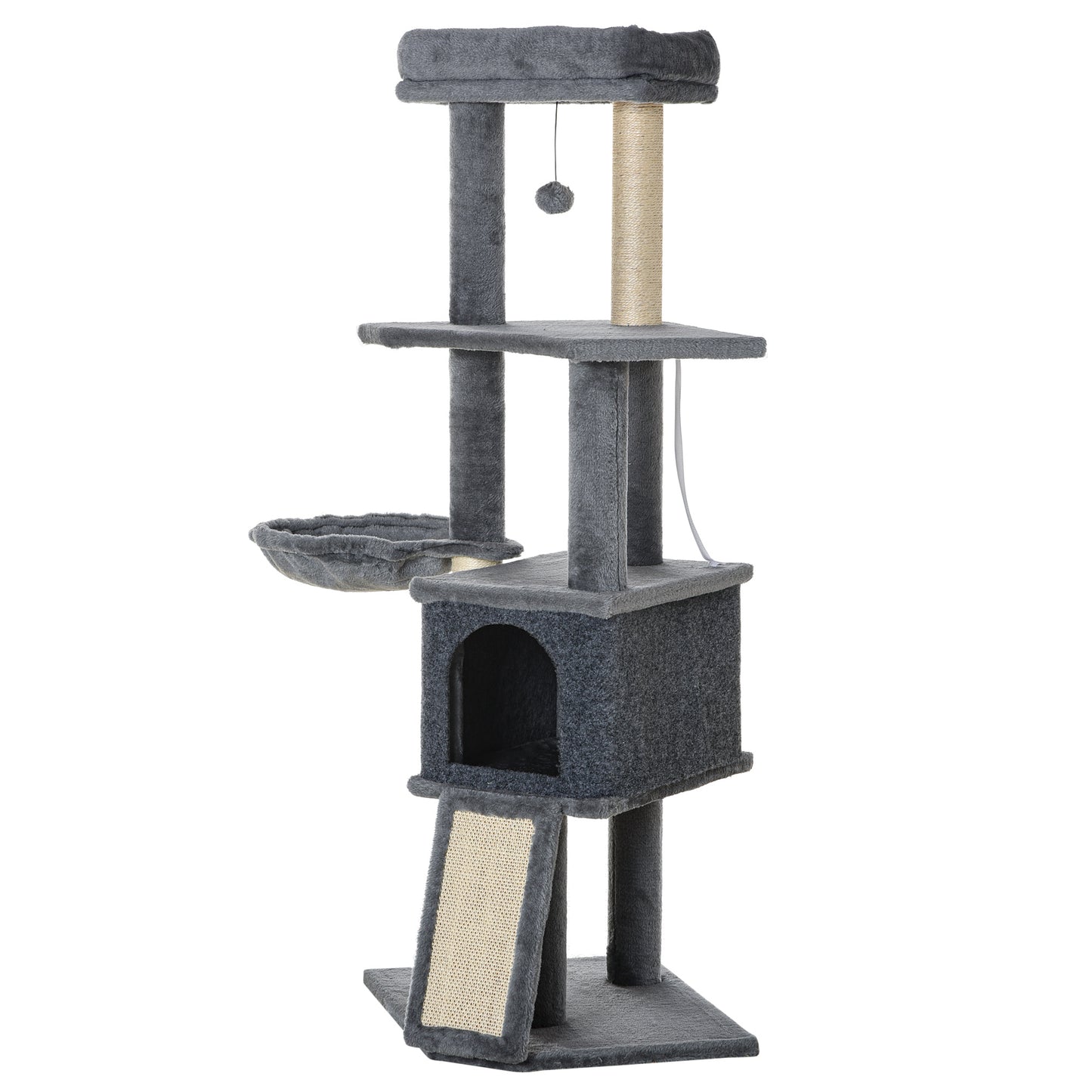 50 Inch Cat Tree, Multi-Level Cat Tower with Sisal Scratching Posts and Ramp, Bed, Condo, Hammock, Toy Ball, Grey